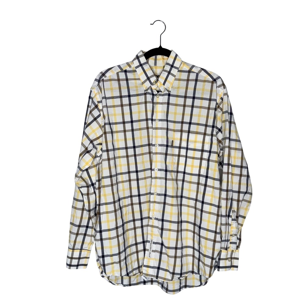 Barbour Oxford Tattersall Shirt Mens M Yellow Plaid Button Down Excellent Cotton